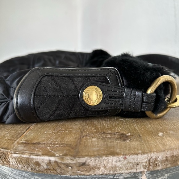 Coach Signature Satin Quilted Rabbit Fur Trimmed Hobo Handbag Black - Picture 11 of 16